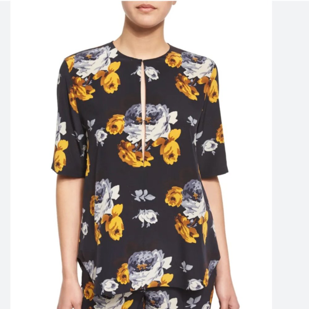 Theory Antazie Distressed Floral-Print Silk Top